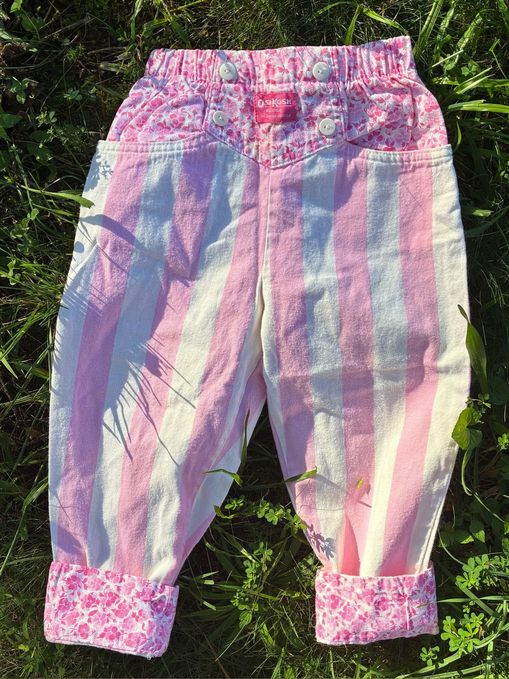 Vintage 90s Oshkosh Gosh 4T Girls Pink Strip Floral Bubble Pants Rare Cotton